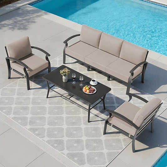 Aluminum Outdoor Patio Furniture Set,5 Seats Patio Conversation Sets with Rectangular Coffee Table,Metal Patio Sectional Furniture Set with 5.1" Thickened Cushions,Sand