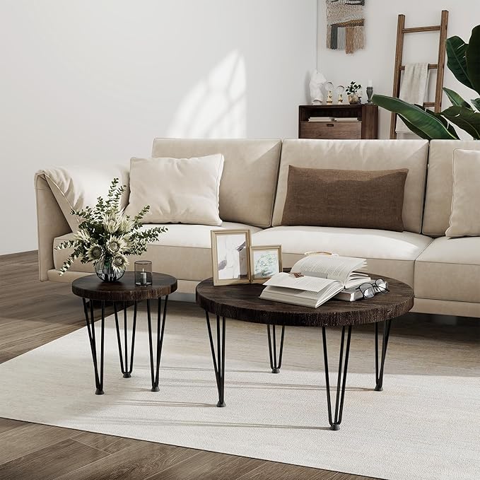 Fun Memories Round Coffee Table - Elm Wood Nesting Table with Metal Legs & Non Slip Feet Base - Rustic Nesting End Tables for Living Room Bedroom - 14" D x 14" W x 16" H - Walnut Color