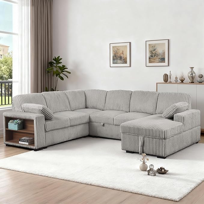 ERYE Oversized U-Shaped Pull Out Sleeper Couch Bed, Modern U Shaped Sleeper Sectional Sofa Corduroy Corner Convertible Sofa Bed with Storage Chaise Lounge and Cabinet