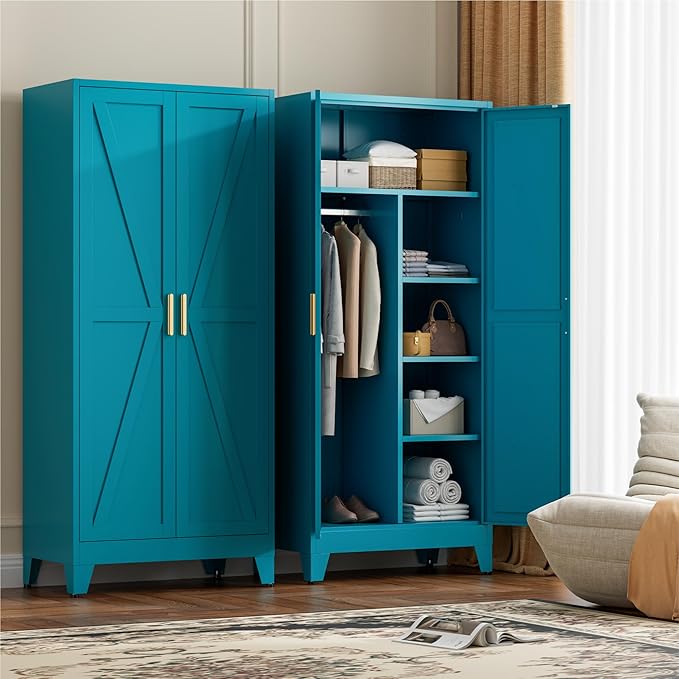 LCAOPC 71" Tall Metal Wardrobe Closet with Adjustable Shelves and Hanging Rod, 2 Doors Office Storage Locker Cabinet for Home, Office, Bedroom, Laundry Room, Blue