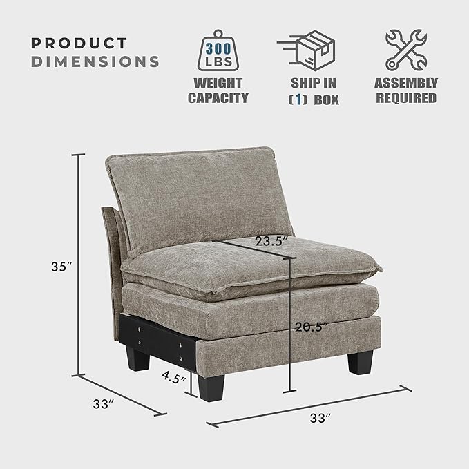 Lexicon Modular Sectional Sofa, Module for Sectional Couch, Armless Chair, Removable Cushion Cover, Soft Upholstery, Durable Frame, Customizable Comfort, Chenille Dark Pewter