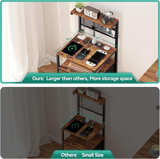Tall Nightstand with Charging Station and LED Lights, Large Night Stands with 2 Fabric Drawers, Bedside Table with Storage Shelves and Hooks for Bedroom, Office, Dorm, Rustic Brown - Image 4