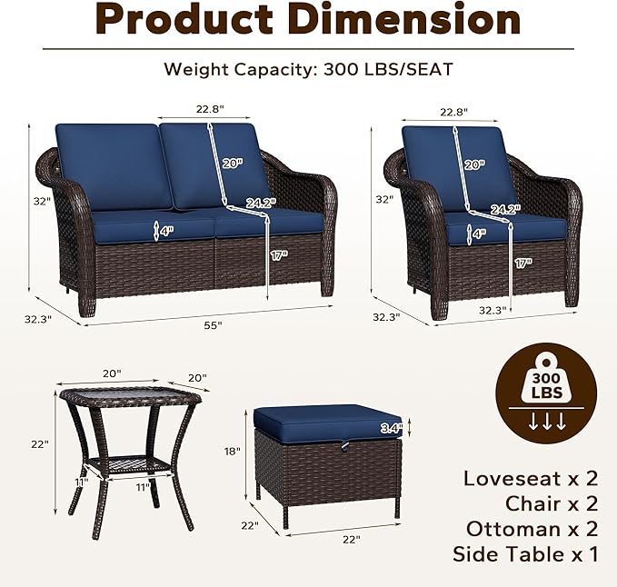 7 Piece Patio Wicker Conversation Set, 2 All-Weather Use Outdoor Wicker Loveseat with 2 PE Rattan Ottomans,2 Chair, 1 Side Table, Ideal for Porch, Backyard, Balcony, Poolside, Blue