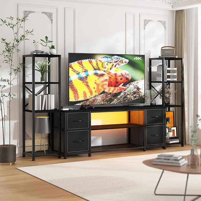 Yenlure LED TV Stand Bookshelf Combo with Charging Station for 65 60 55 Inch TV, Entertainment Center with Lights & Drawers, Industrial Media TV Console Table for Living Room Bedroom Office, Black by CREATEDFORSMARTHOMES
