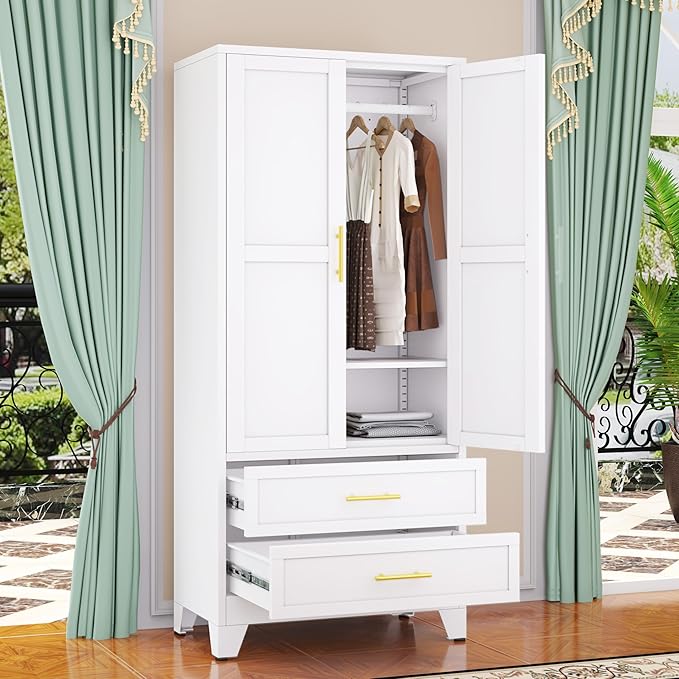 GAIOUS Metal Wardrobe Cabinet with Hanging Rod, 71" Metal Clothing Storage Cabinets with 2 Door, 1 Adjustable Shelf and 2 Drawers, Steel Armoire Wardrobe Closet for Bedroom, Gym, Cloak Room (White)