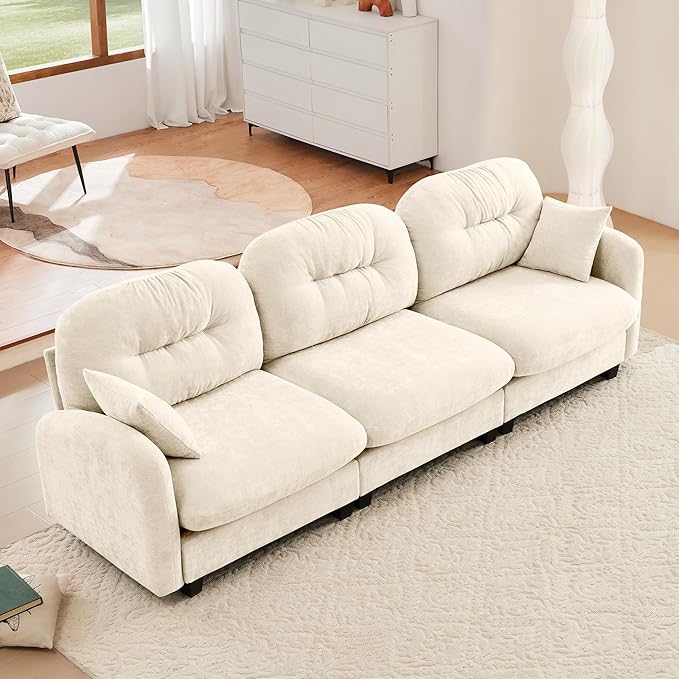 KEIKI 107" Oversized Chenille Modular Sectional Sofa with High-Density Foam Cushion and Tufted Pleated Cushion Backrest, Upholstered Modern 3-Seater Cloud Couch with 2 Pillow, for Living Room, Beige