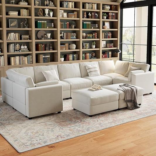 GarveeHome 172" Modular Sectional Sofa, 9 Seater Sectional Couch, U Shaped Sofa with Ottoman, Oversized Convertible Modular Couch for Living Room Apartment Office, Chenille Beige