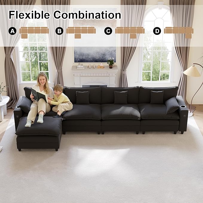 152" Modular Sectional Sofa, L Shaped Cloud Couch with Movable Ottoman, Chenille Deep Seat Cloud Sofa with Charging Station, Cup Holder, Side Pocket, Sectional Couches for Living Room, Black