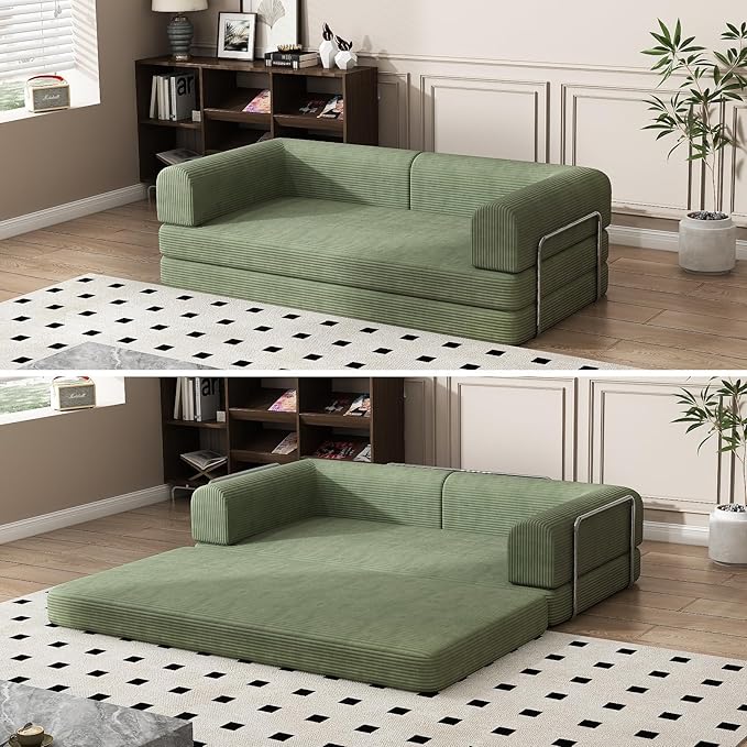Convertible Corduroy Sleeper Sofa Bed,Folding Mattress Couch with Fixed-Shape Frame, 3 Seater Fold Out King Size Futon,No Assembly Floor Couch for Living Room Dorm Studio 78.7*39.4*29.6 Inch Green