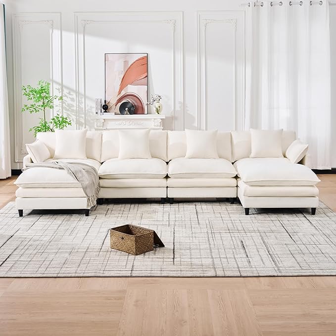 Eafurn 141" Oversized Modular Sectional Sofa with Movable Ottoman, 6 Seater Modern Chenille Reversible Sofa Set, Large Convertible U Shaped Couch for Living Room Apartment