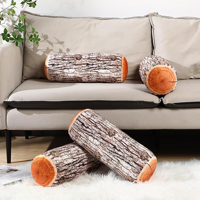 Huwena 4 Pcs Wood Pillows Tree Stump Decorative Round Throw Pillows 3D Digital Print Wood Trunk Stump Cylinder Cushion for Home Sofa Living Room Decor, 15.8 x 5.5 Inch