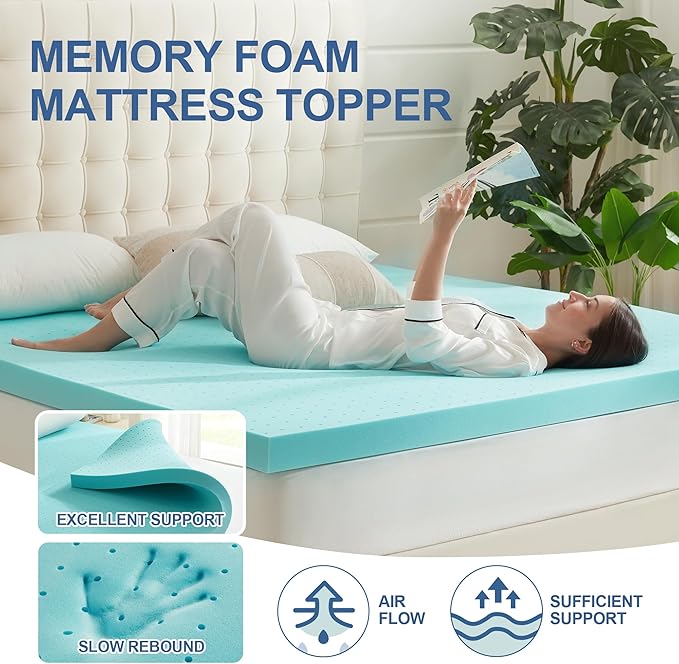 Eiayeebil 3 Inch Memory Foam Mattress Topper Queen, Mattress Pad Gel Infused Foam Bed Topper, Ventilated Soft Blue,Queen Size