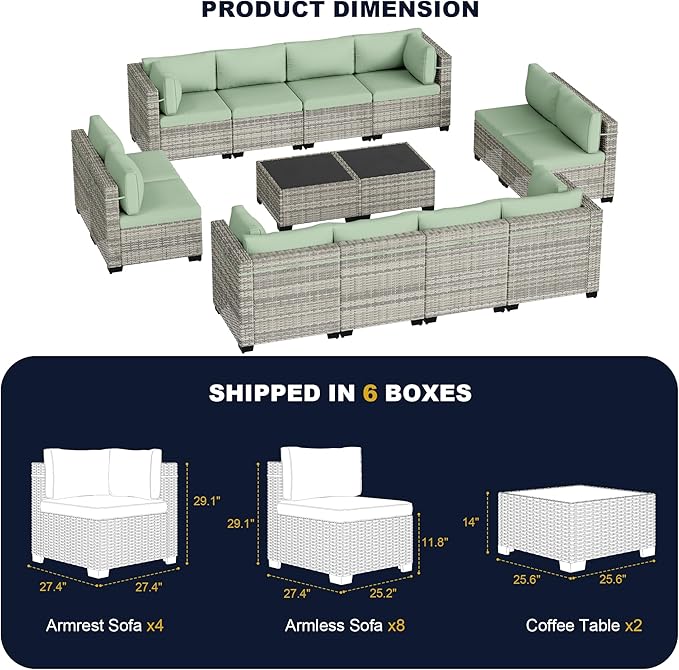 14-Piece Outdoor Patio Furniture Set, PE Wicker Rattan Sectional Sofa Conversation Set with Tempered Glass Table & Thick Cushions - All-Weather Garden, Backyard Furniture, Light Green