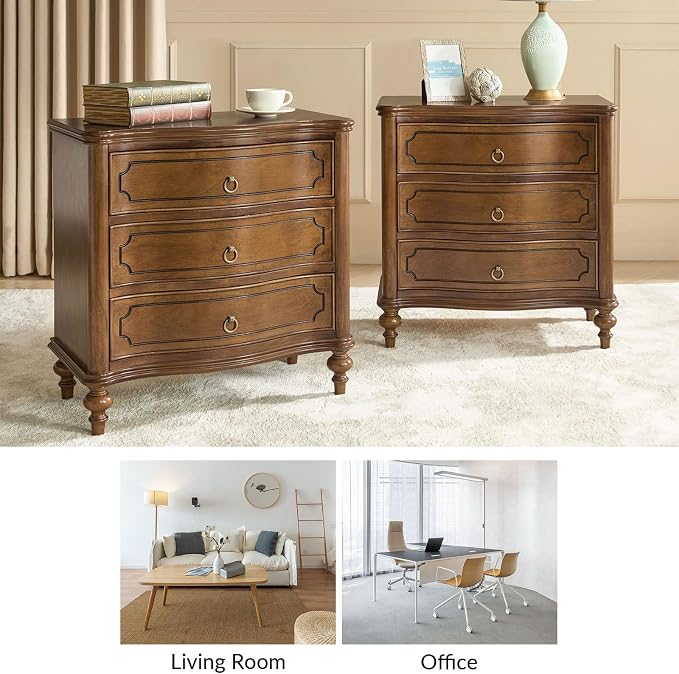 HULALA HOME Traditional Side Table with 3 Drawers, Tall Side Table with Curved Front Profle Desgin, Charging Station, Solid Wood Legs, SEADRIFT - Image 7