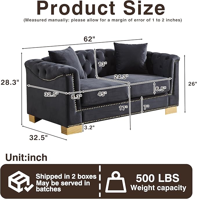 KEIKI 62" Chesterfield Sofa, Retro Style Upholstered 2 Seat Sofa, Rolled Arm Tucked-in Nailhead Decor Cloud Couch for Living Room Bedroom Office, Black