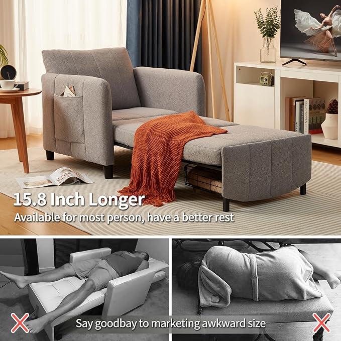 ZZW Sleeper Chair, 84" Extra Long Convertible Chair Bed, Upgraded 3-in-1 to 4-in-1 Pull Out Chair & Single Sofa Bed for Adult, Sleeping Chair for Living Room, Small Space (Light Grey)