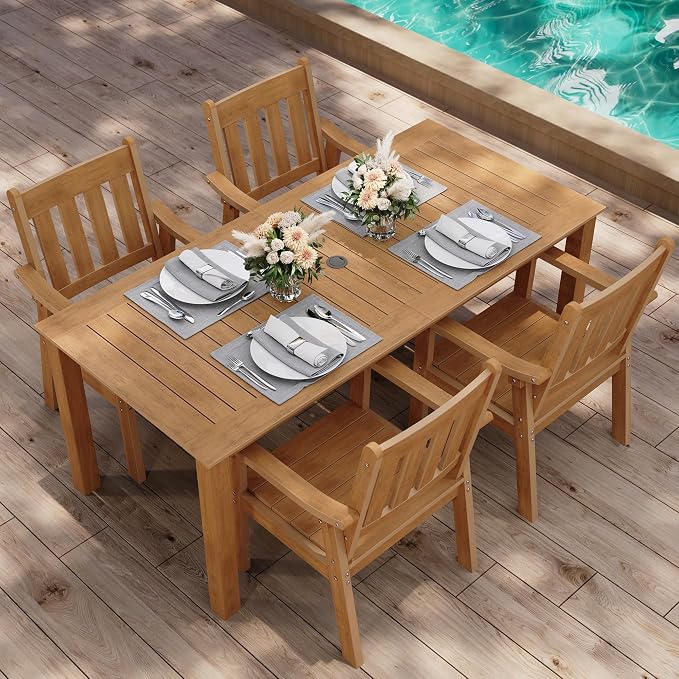 YEFU HIPS Patio Table Set: 5 Piece Outdoor Table and Chairs Dining Furniture Set with Umbrella Hole - Teak Modern Plastic Dining Sets 4 Person for Outside Deck with Metal Aluminum Frame - Image 9