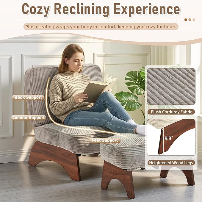 EROMMY Accent Chair with Ottoman, Modern Corduroy Living Room Chair with Adjustable Backrest & Footrest Set, Comfy Reading Chair for Living Room Bedroom Reading Room Guestroom, Gray