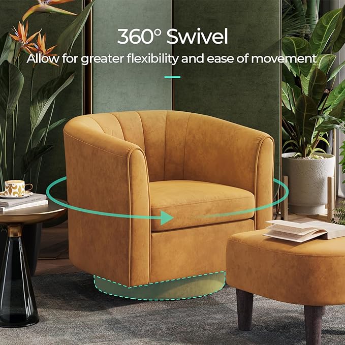 LINSY Swivel Accent Chair Ottoman Set: Velvet Larege Barrel Chair with Foot Rest, Modern Reading Chair Upholstered Armchair with Footrest for Living Room Bedroom Study Room Office (Yellow)