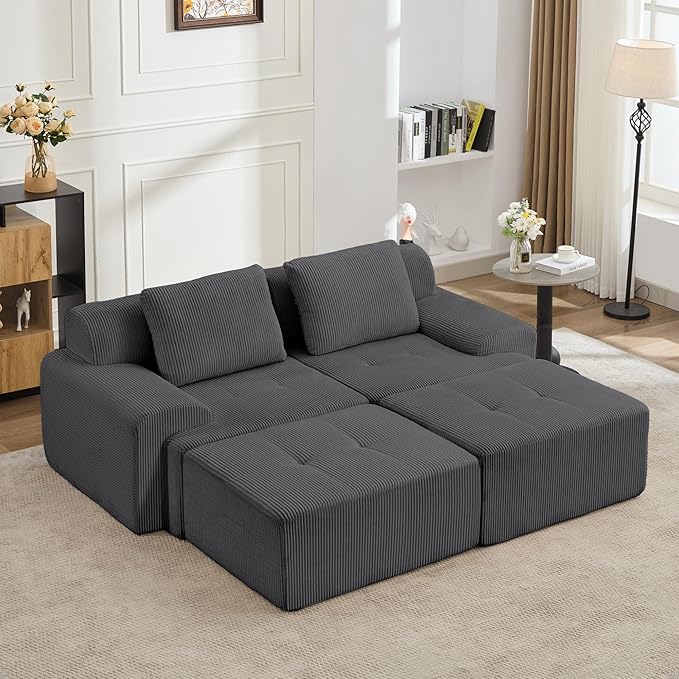 KIGOTY Modular Sectional Sofa, 4 PCS Comfy Cloud Sectional Couch with Deep Seat, Sleeper Sofa Bed with Ottoman, Modern Boneless Couch for Living Room, No Assembly Required,Grey