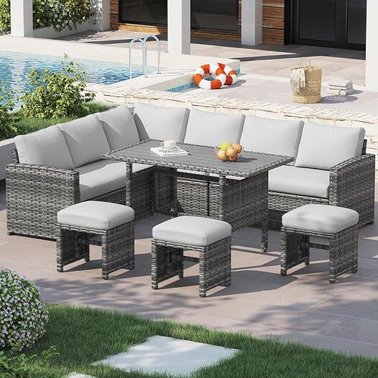 U-MAX 7 Pieces Patio Furniture Set, Outdoor Sectional Sofa Conversation Set, All Weather Wicker Rattan Dining Table & Chair with Ottoman, Grey Rattan&Light Grey Cushion