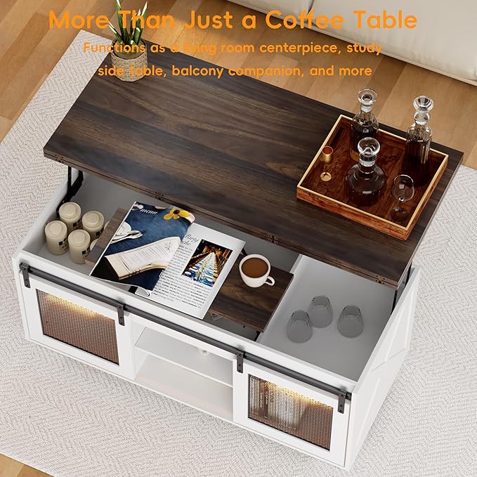 Upgraded Coffee Table with Lifting Top And Sliding Doors, Thick Panels, Industrial Metal Mesh Sides, Dual LED Accent Lights, Large Storage Center farmhouse square Table for Living Room, Cloud Drift