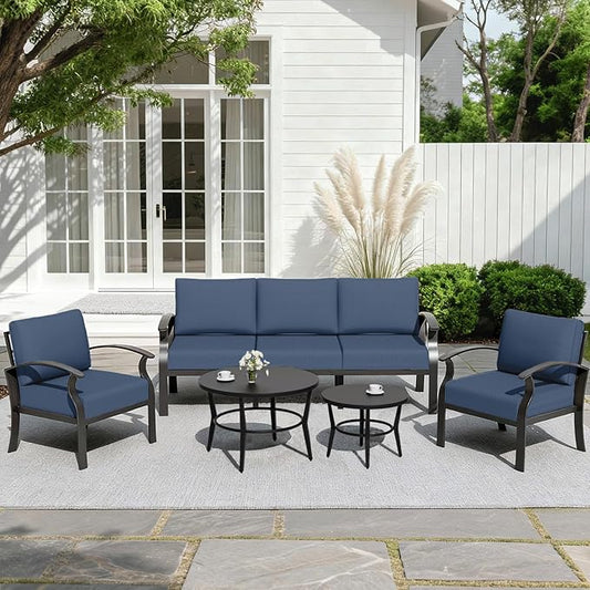 ALAULM Aluminum Patio Furniture Set with Round Coffee Tables, 5-seat Outdoor Sectional Furniture w/5.1" Cushions, Patio Conversation Set for Porch, Backyard, Poolside-Dark Blue