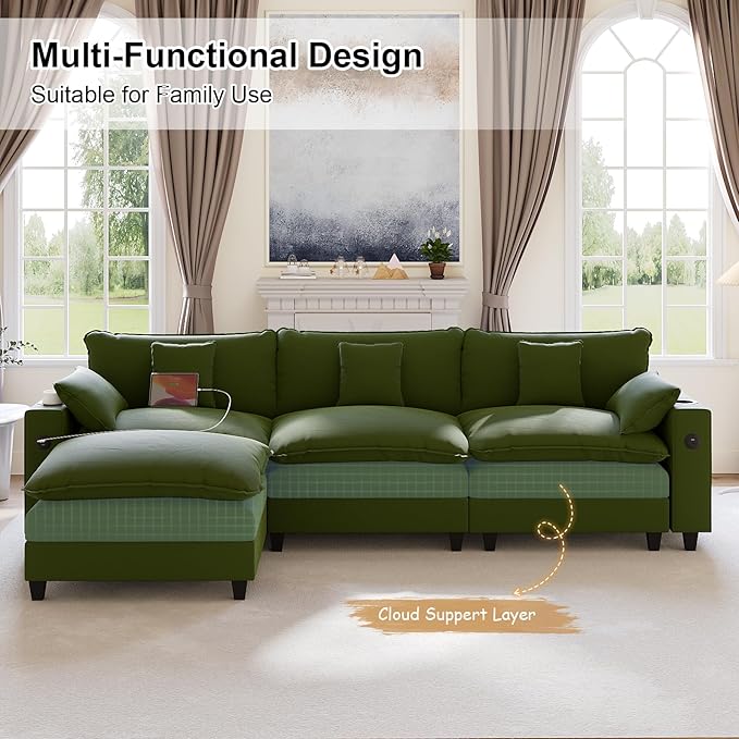 116" Modular Sectional Sofa, L Shaped Cloud Couch with Movable Ottoman, Chenille Deep Seat Cloud Sofa with Charging Station, Cup Holder, Side Pocket, Sectional Couches for Living Room, Green