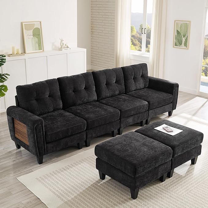 ERYE 115-Inch U-Shaped Modular Sectional Sofa Include 2 Ottomans and 4 Seat, Comfy Chenille Upholstered Tufted U Shaped Sectional Couch W/Coffee Table and USB-C Ports