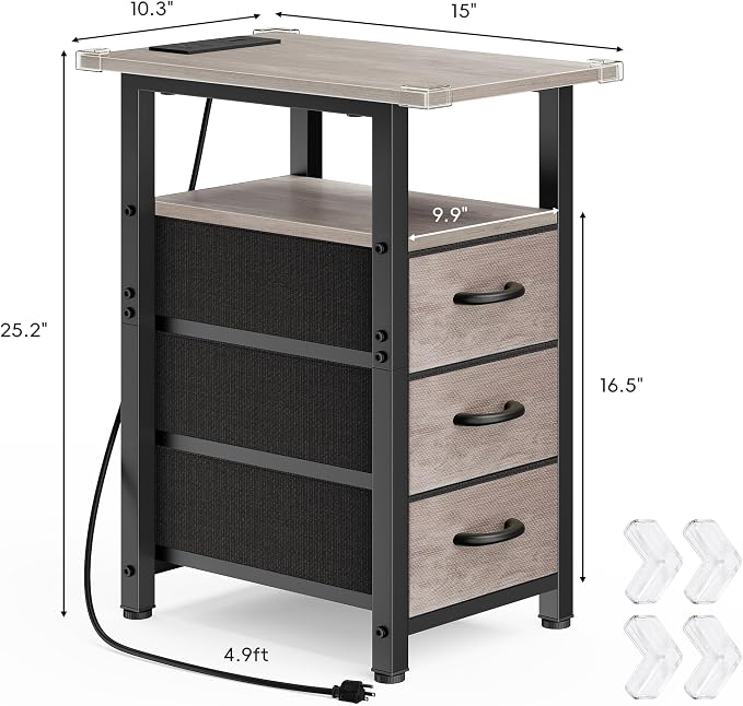 Vagusicc Night Stand with Charging Station, Narrow Nightstand with U-S-B Ports and Outlets, End Table with 3 Fabric Storage Drawers, Small Bedside Table, Greige - Image 3