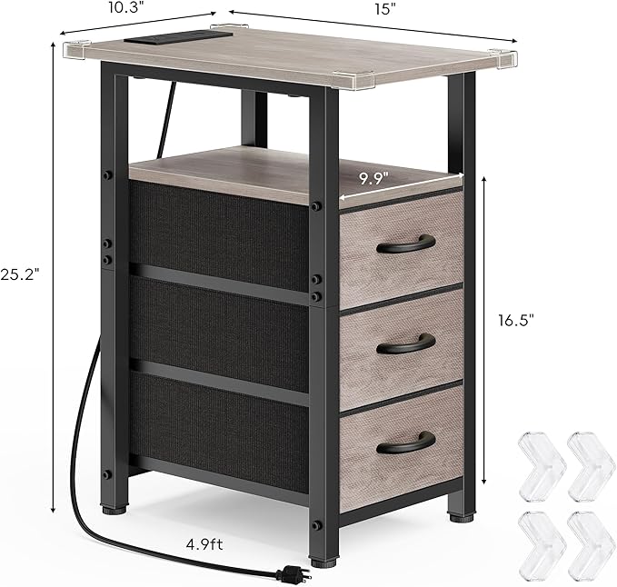 Vagusicc Set of 2 Narrow Nightstand with Charging Station, Slim Dresser for Bedroom Narrow Side Table Storage Cabinet with 3 Drawers, Tall Night Stand End Table for Small Spaces, Greige - Image 3