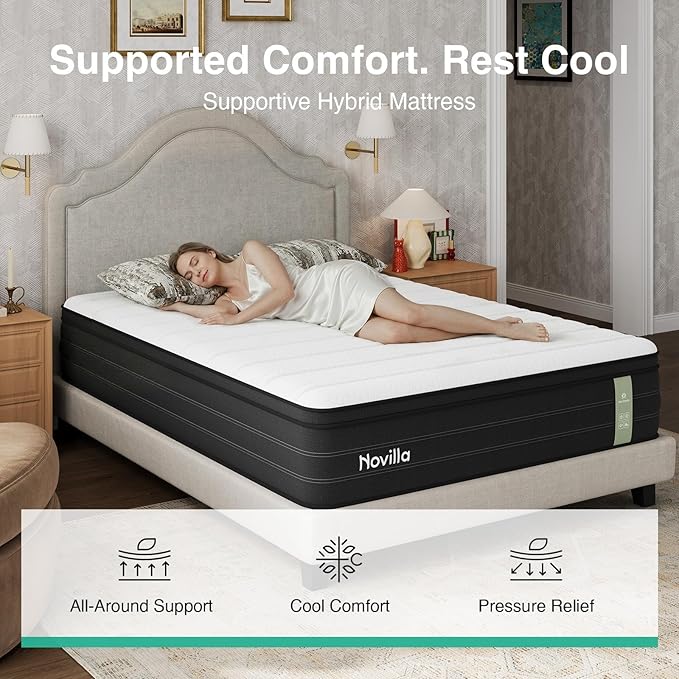 Novilla Queen Mattress in a Box, 10 Inch Cooling Hybrid Mattress with Upgraded Pocketed Coils & Gel Memory Foam, Enhanced Support, Reinforced Edge, Motion Isolation, Pressure Relief, CertiPUR-US