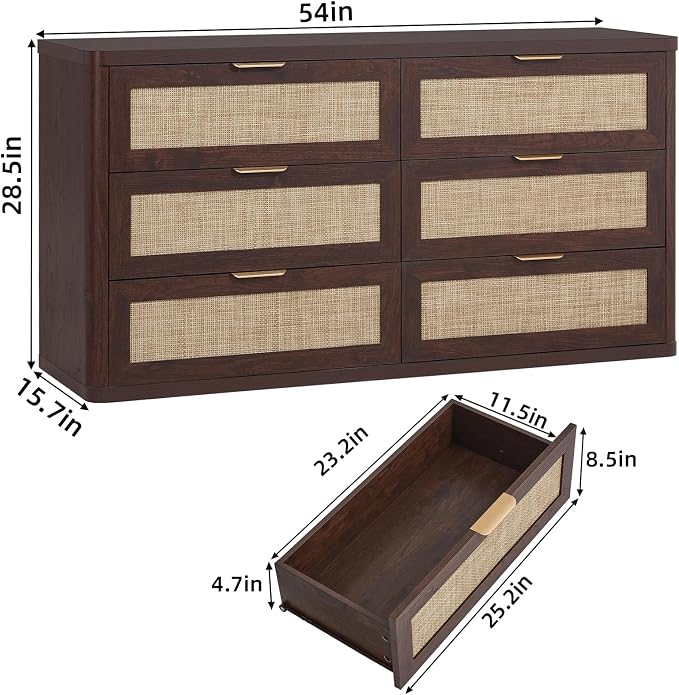 LEYAOYAO Rattan 6 Drawer Dresser for Bedroom, 54" Wide Boho Chest of Drawers, Wooden Dressers TV Stand with Metal Handle, Storage Closet Organizer for Living Room, Hallway, Walnut - Image 2