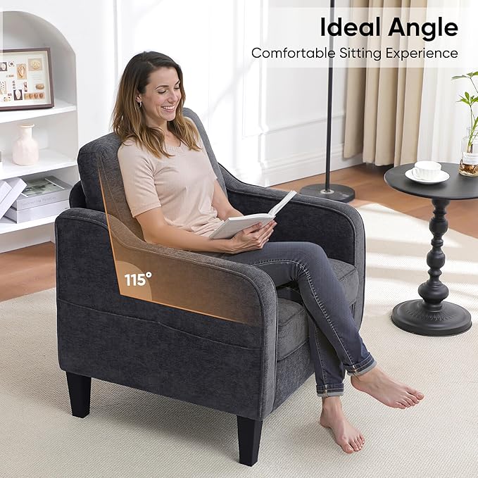 Accent Chairs Set of 2, Upholstered Living Room Chairs with Side Pocket, Mid Century Modern Reading Chair for Bedroom, Comfy Armchair Single Sofa Side Chair for Office, Small Room, Dark Grey