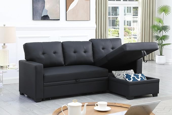 ERYE 82-inch Pull Out Sleeper Couch Bed, L-Shaped Reversible Sleeper Sectional Sofa Faux Leather Tufted Upholstered Corner Convertible Sofa Bed with Storage Chaise