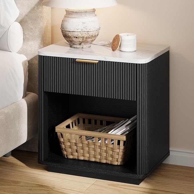 Fluted Nightstand with Drawer, Bedside Table with Faux Marble-Top, Modern Nightstand with Charging Station, Drawers and Open Shelf, Curved Corners, Modern Night Stand for Bedroom, Black by CASSORA