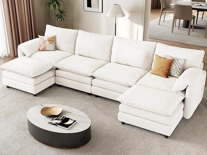 DWVO 142" Modular Sectional Sofa, Modern U Shaped Couch with Movable Ottoman, Pillow-Armrest, Velvet 6 Deep Seat Cloud Couch for Living Room, Beige