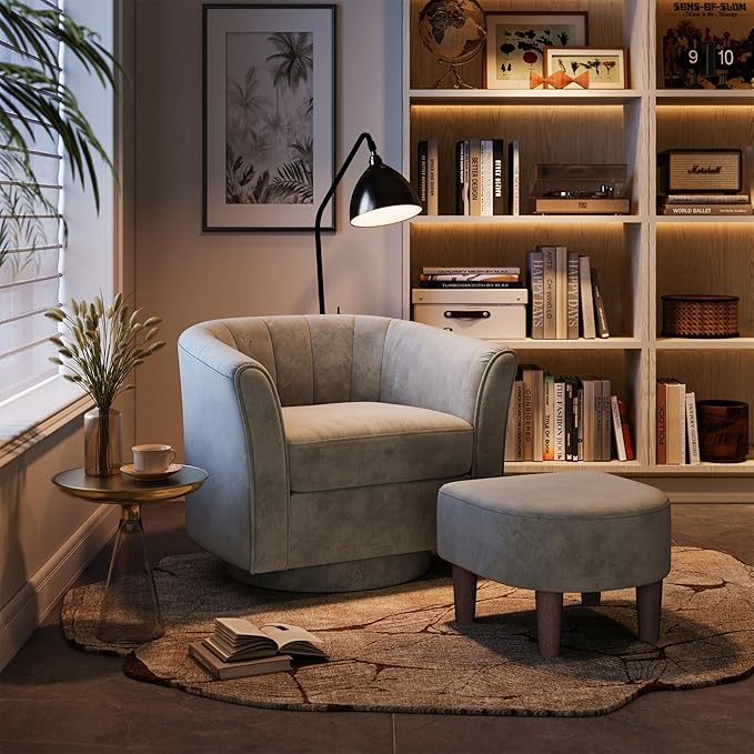 LINSY Swivel Accent Chair Ottoman Set: Velvet Larege Barrel Chair with Foot Rest, Modern Reading Chair Upholstered Armchair with Footrest for Living Room Bedroom Study Room Office (Grey)