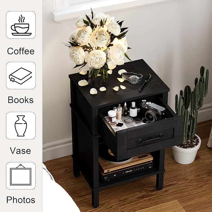 Farmhouse Nightstand with Drawer, Small Wood Side Table, Wooden Bedroom Nightstand, Wood Night Stand, Black Bedside Table with Storage, Black End Table for Living Room LET512B - Image 5