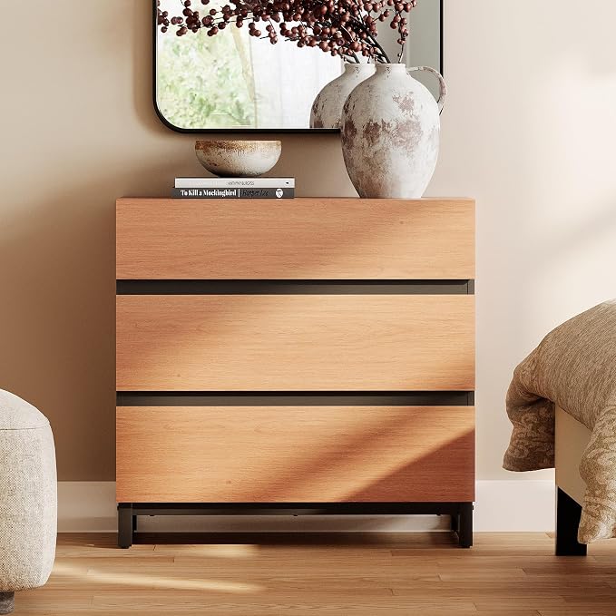 WAMPAT Nightstand with 3 Drawers for Bedroom, Modern Bedside Table with Black Square Metal Leg, Wood Rustic Side End Table, Mocha by WAMPAT