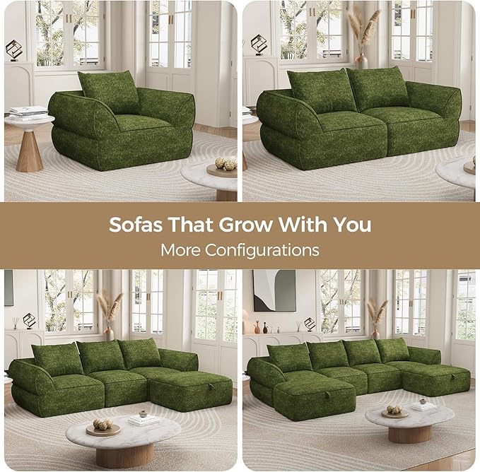 42.5" Single Cloud Sofa, Boneless Couch for Small Spaces, Modern Comfortable Upholstery Sofas with Pillows for Living Room, Apartment, Dorm, Office, Removable Cover, No Assembly Required, Green
