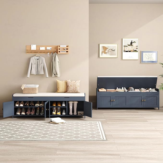 HOMEFORT 54.4" Shoe Bench with Lift Top Storage, Entryway Bench with Cushioned Seat, Wooden End of Bed Bench, Shoe Cabinet Bench with Hidden Storage Space, for Bedroom, Hallway,Blue - Image 5