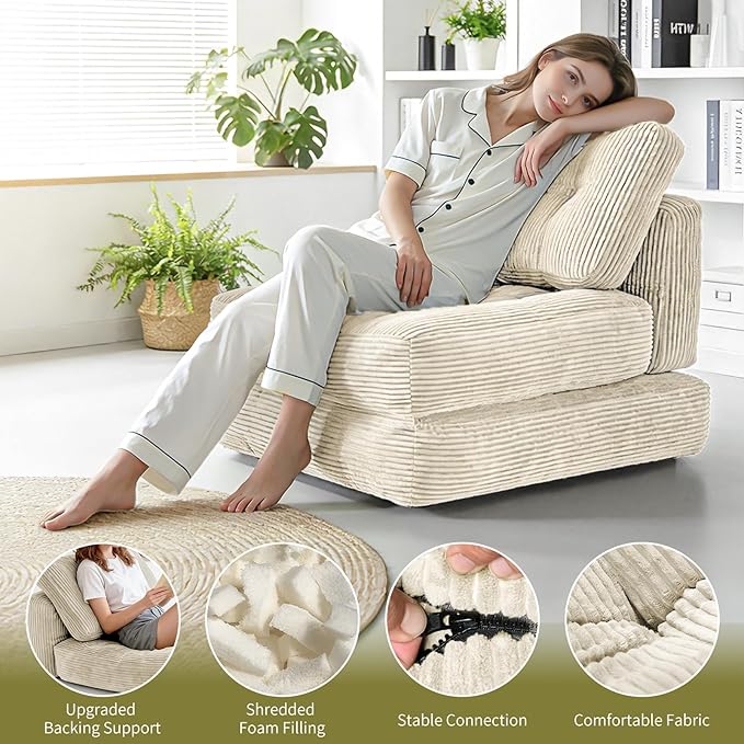 Art3d Folding Sofa Bed, Convertible Sleeper Sofa Bed with Pilow & Back Support, 3 in 1 Long Futon Boneless Couch, Comfy Floor Couch for Living Room, Bedroom, Beige