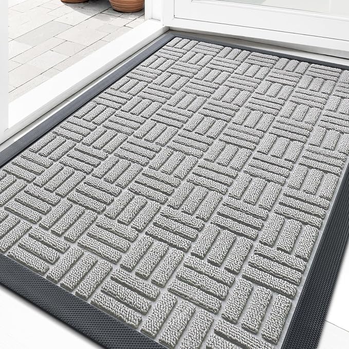 OLANLY Front Door Mat Outside Entrance 33x21, Absorbent, Heavy Duty Sturdy Natural Rubber Doormat Indoor Outdoor, Non-Slip, Stain and Fade Resistant, Low Profile Floor Mat for Entryway, Light Gray by OLANLY