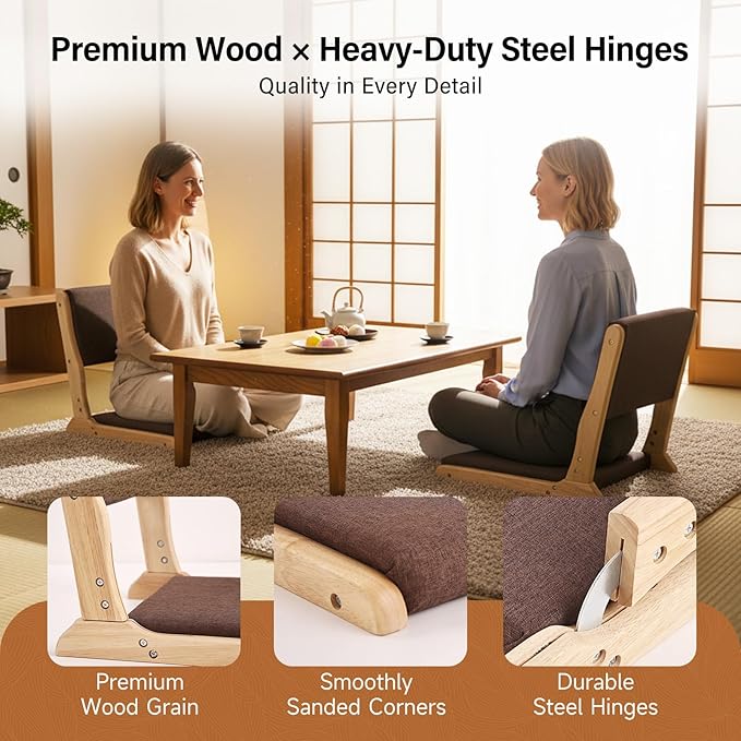 Tiita 2Pcs Floor Games Chair, Foldable Meditation Tatami Chairs, Backrest Chair with Cushion, Living Room Chair Seat, Wood Brown