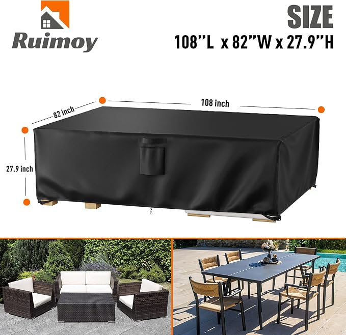 Ruimoy Patio Furniture Covers, Outdoor Furniture Cover Waterproof, General Purpose, Outside Table and Chair Covers, Heavy Duty 600D (108 Inch L x 82 Inch W x 27.9 Inch H) - Image 2