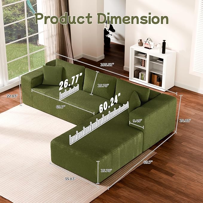 Cloud Sectional Couch, 105” Fluffy Modular L-Shape Sofa with Left Chaise Lounge, Modular Sectional Sofa in a Box, Boneless Couch for Living Room, No Assembly Required, Wool Green