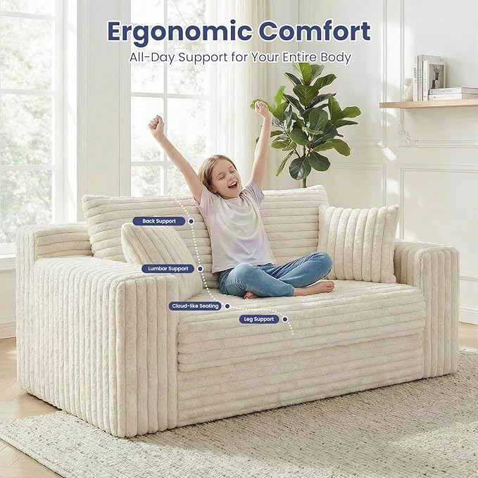 3-in-1 Convertible Sofa Bed: Boneless Loveseat Sleeper & Folding Couch Bed with 4 Pillows & Detachable Cushion,Furry Futon Couch for Bedroom,Apartment,Office and Living Room, No Assembly,Beige