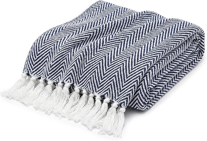 Americanflat 50x60 Throw Blanket - Soft and Breathable Cotton Throw Blanket for Couch, Bed, Chair - Decorative Blankets Perfect for Home or Outdoor Use - Navy Blue and White Herringbone Design
