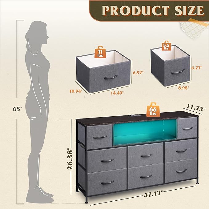 WLIVE Grey Dresser TV Stand for 45, 50, 55 inch TV, Entertainment Center with LED Lights & Charging Station, Chest of Drawers with 8 Fabric Drawers and Open Storage Shelves for Living Room, Hallway - Image 3